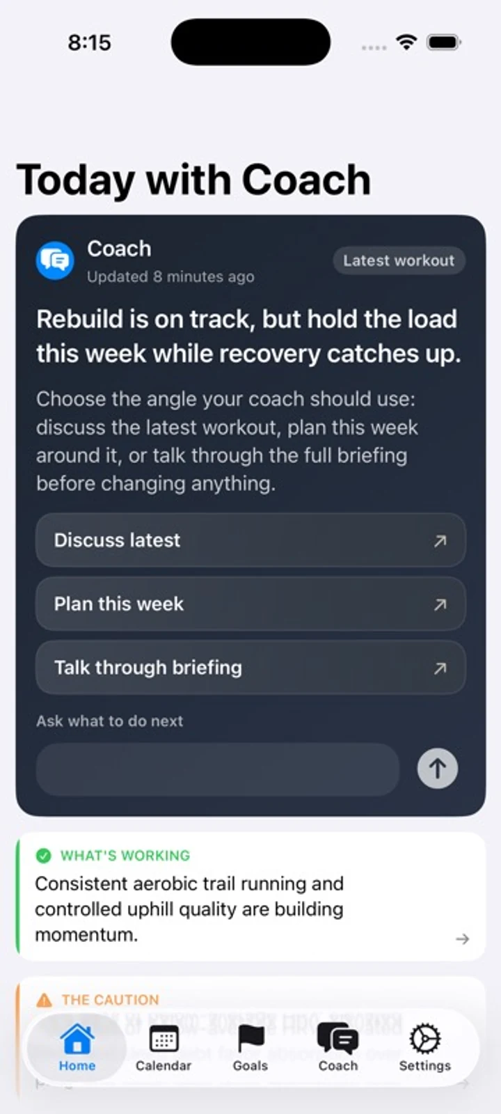 Train Ultra on iPhone showing today's coach briefing